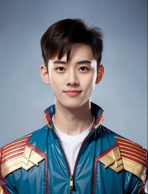 a high school boy，wearing pvc captain marvel costume，greybackground