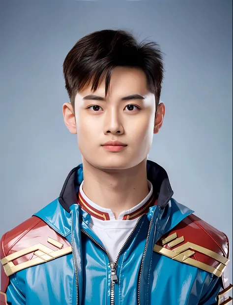 a high school boy，wearing pvc captain marvel costume，greybackground