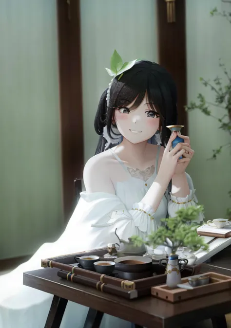 A girl with long flowing hair,Finger details,teapot,teacup,ssmile,The eye