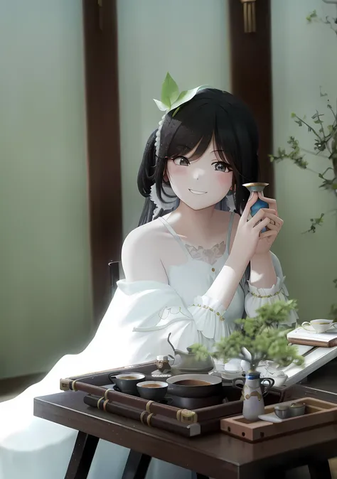 A girl with long flowing hair,Finger details,teapot,teacup,ssmile,The eye