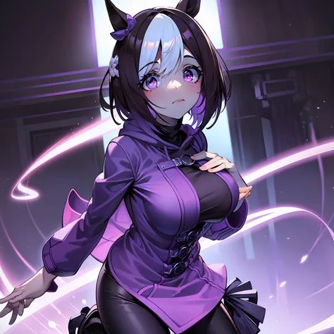 Oversized purple hoodie, big assa, 1girll, tmasterpiece, Best quality at best, full bodyesbian, posed for photo, beautifully color-coded, Tight hip leggings,white backgrounid, Studio, looks away, Covered with a hood,black facemask,Earphone,Horse Ear