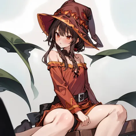 1 girl,​masterpiece,small tits,(top-quality),sitting on,(megumin),big witch's hat,(high details),