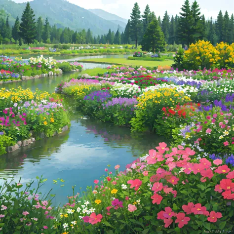 flowers,garden,lake