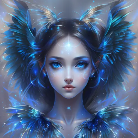 a female angel，beautiful face，blue wings grow on the back、with black background，tmasterpiece，best qualtiy