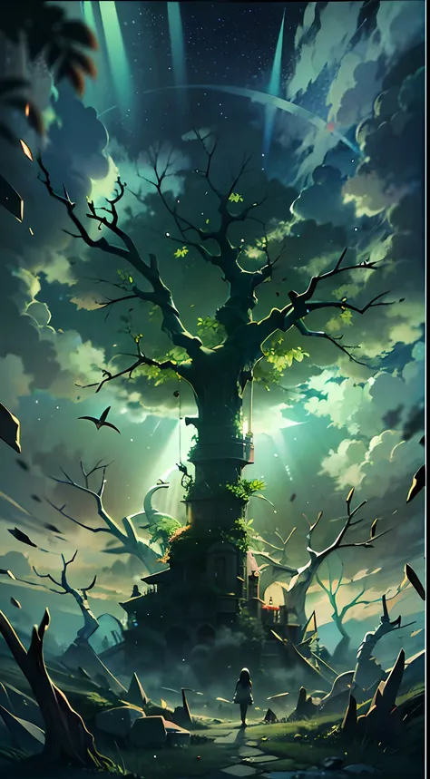 look up，（moon night fantasy skeleton fortress：1.4），（（skeleton castle）），tree branch，lots of branches，greenish tinge，green color，f...