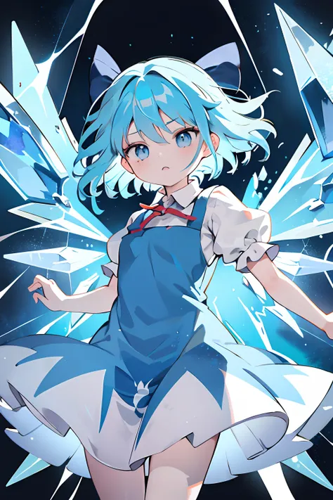 detailed background, masterpiece, best quality, cirno, crystal wings, blue hair, blue eyes, puffy short sleeves,release skills,f...