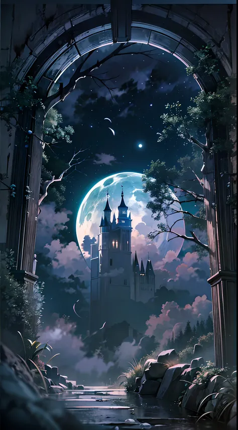 look up，（moon night fantasy skeleton fortress：1.4），（（skeleton castle）），tree branch，lots of branches，greenish tinge，green color，f...