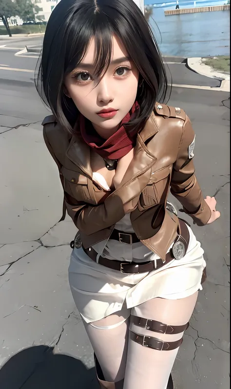 mikasa ackerman,shingeki no kyojin,1girl,bangs,belt,belt buckle,black eyes,black hair,brown belt,brown jacket,buckle,dress shirt,hair between eyes,jacket,long sleeves,medium hair,open clothes,open jacket,paradis military uniform,red scarf,scarf,shirt,solo,...