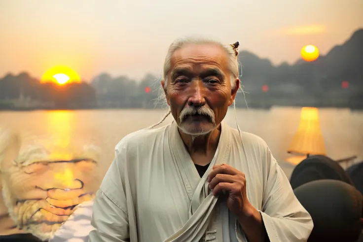 chinese old man，white hair，tying  hair，short mustache，chinese white ancient clothes