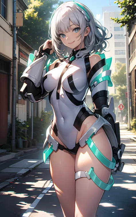 light smile, deva battle suit, outdoors, silver hair, bobhair, blue eyes, waistshot