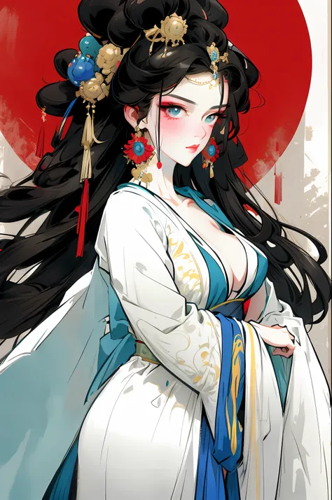 (Beautiful girl in colorful clothes),Full body standing painting,Wide sleeves,watery big eyes,Beautiful face and smooth fair skin,s delicate face,cabelos preto e longos,An ancient Chinese beauty,wearing ancient Chinese costume,gossamer,Colorful,Vivid and b...