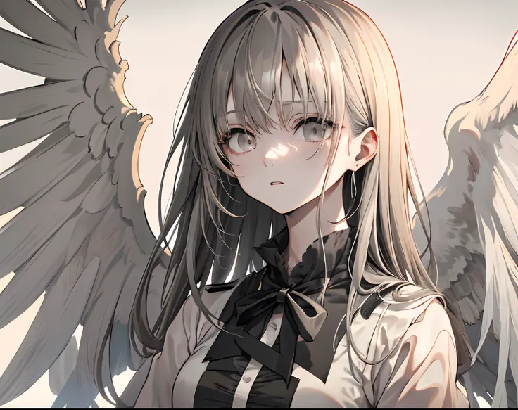 【Highest Quality, masutepiece】 [girl, Manteau, expressioness, Black eyes, front facing, Black hair, Walking, Upper body] (Gray white background:1.7), engel wings