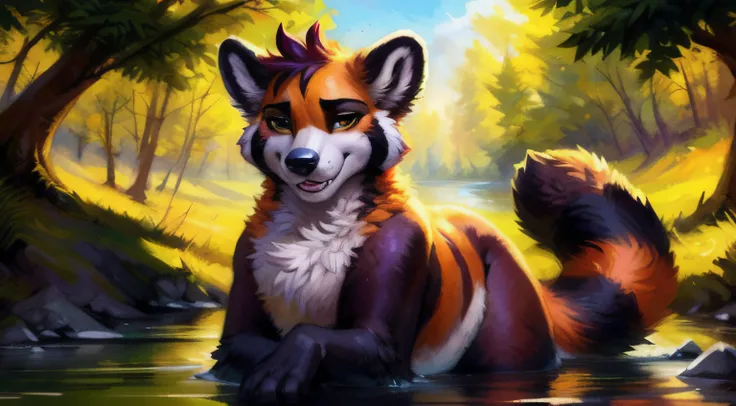 subido a e621, (por kenket, por ross tran, por ruan jia, por foxovh) de un red-panda taur macho de ojos azules, ((colores natura...