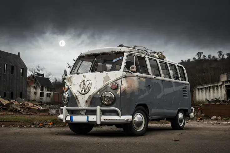 analog gloomy photo of an (orange) volkswagen kombi,  ((haunted house:1.0)), (walking dead:1.0), zombie apocalypse, (abandoned t...