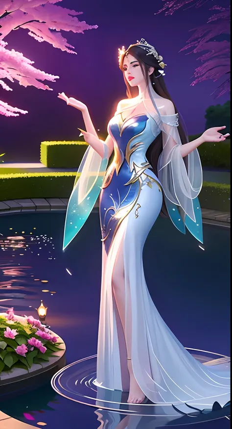 on a moonlit night，secluded pond，a goddess in period costume stands barefoot in the pool，her figure looks particularly charming ...