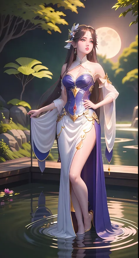 on a moonlit night，secluded pond，a goddess in period costume stands barefoot in the pool，her figure looks particularly charming ...