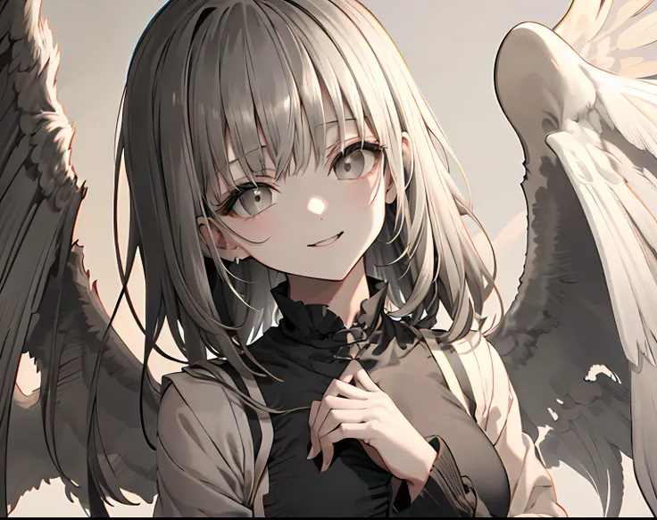【Highest Quality, masutepiece】 [girl, Manteau, expressioness, Black eyes, front facing, Black hair, Walking, Upper body] (Gray white background:1.7), engel wings, smile, breast