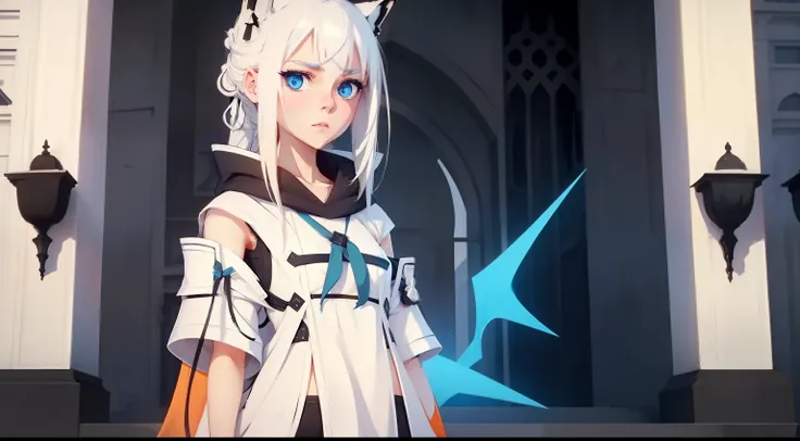 A girl with a serious expression,Blue eyes and white hair,Stand in front of the building,The is facing the screen,White sweatshirt,black cloaths,The overall color is orange-yellow