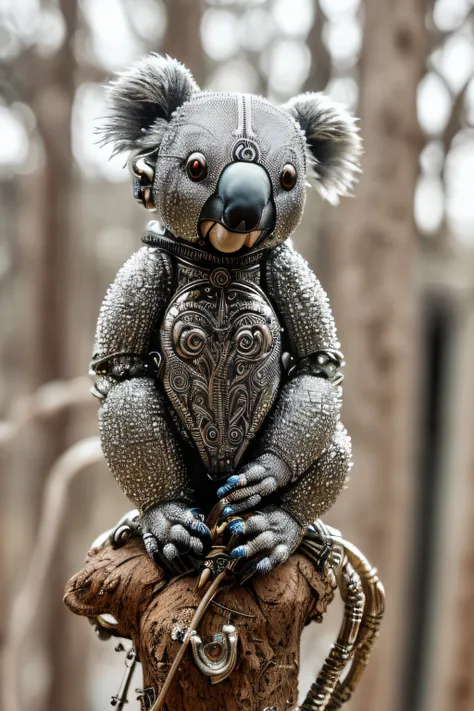 a cute koala made out of metal, (cyborg:1.1), ([tail | detailed wire]:1.3), (intricate details), hdr, (intricate details, hyperd...