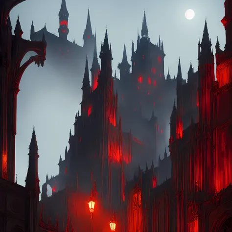 There was a mist,sullen,upper part(Crimson Moon,Dark red night),Lower section((A tall old castle,Batman stands at the city gate:Holding a torch in his hand,Wearing a black cape,)),8K quality,offcial art,Mechanical punk style,Detailed details