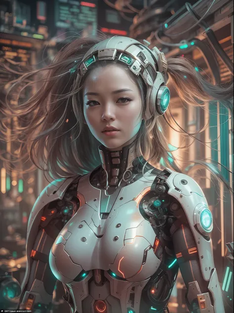 in this breathtaking 8k portrait photo, a beautiful cyborg robot girl in the style of "goddess of victory nikke" captivates with...