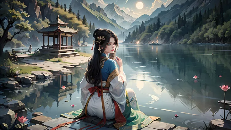 chinese ancient style, in the pavilion by the lake, the woman, dressed in traditional chinese traditional white hanfu, woman sit...