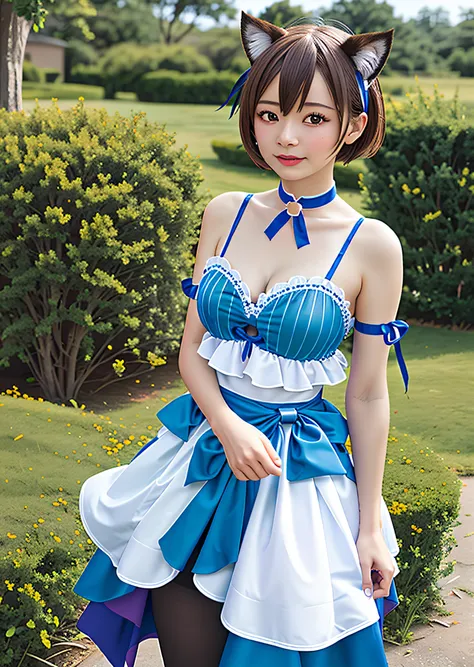 master part, best quality, beautiful lighting,(Realistic, photo-realistic:1.2),(profundidade de campo:1.3), 
(peito achatado:1.5), 1girl, sozinho, fofo, blurry background, Felix_Arg, uma mulher em um vestido azul e branco, mangas brancas destacadas com lis...