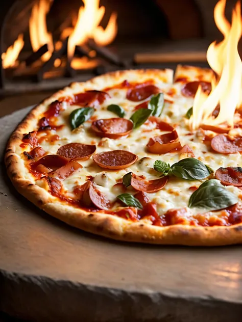 macro photo of a slice of delicious pizza in front of a stone oven, fire oven, light it fire, food photography, advertising phot...