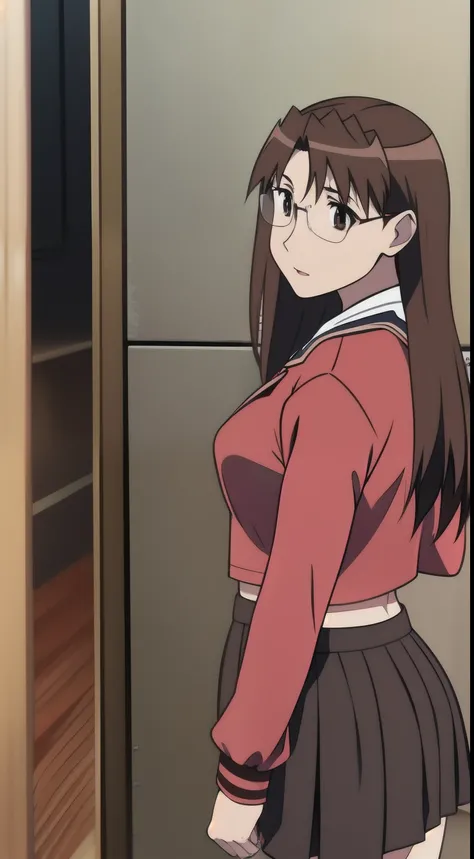 Koyomi Mizuhara, brown hair, long hair, glasses, nose, seifuku uniform, red seifuku shirt, brown skirt, black high socks, brown shoes, medium breasts, close-up, tight skirt, luscious lips, curvy waistline, back view pose, standing