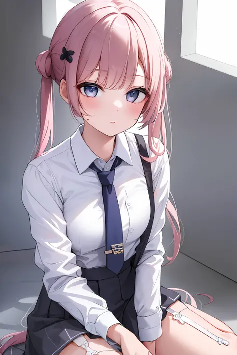 1girl,  hairclip, necktie,collared shirt, white shirt,garter straps , colorful theme, (best quality, high quality, high resolution), realistic, ultra-detailed, highly detailed face features, absurdres,realistic lighting and reflections, highly detailed fac...
