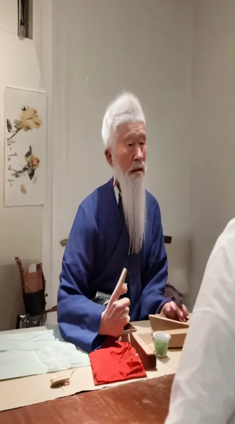 the white-haired, bearded arafede man sat at the table, chinese artist, inspired by wu daozi, he is about 8 0 years old, inspire...