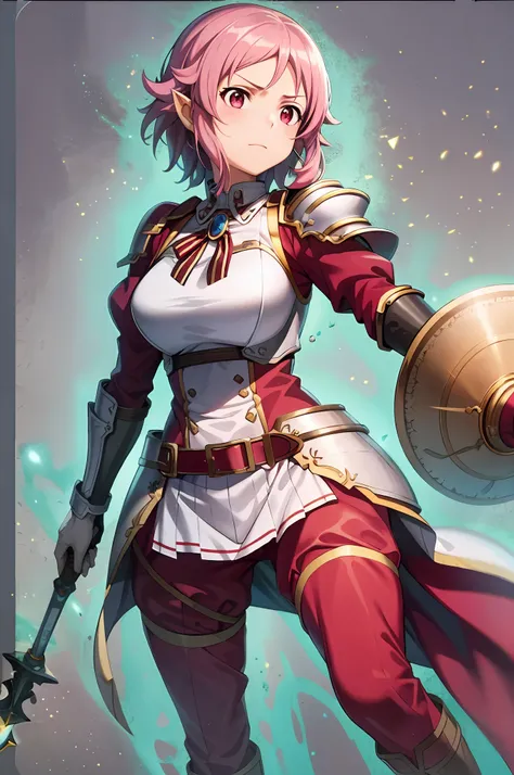 masterpiece, best quality,1girl, solo, white background, simple background, lisbeth, Sword art online, armor, holding round shield, full body, holding mace, white long pants, shoulder armor, breastplate, pointy ears, dynamic pose