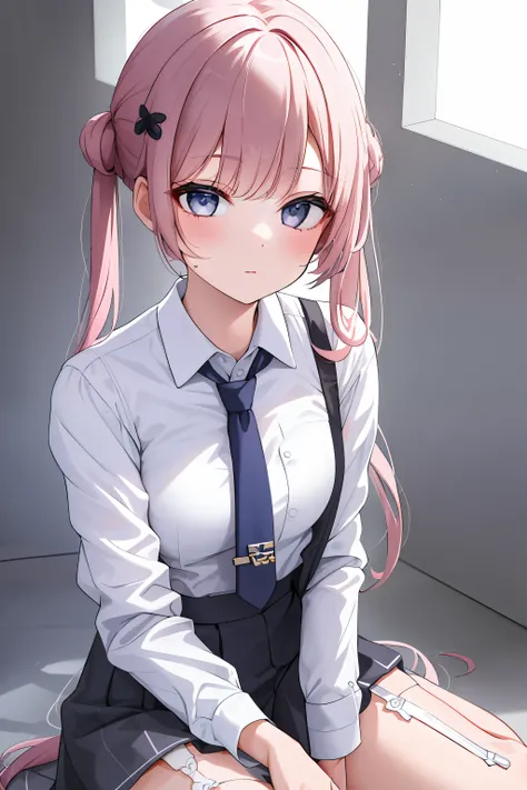 1girl,  hairclip, necktie,collared shirt, white shirt,garter straps , colorful theme, (best quality, high quality, high resolution), realistic, ultra-detailed, highly detailed face features, absurdres,realistic lighting and reflections, highly detailed fac...