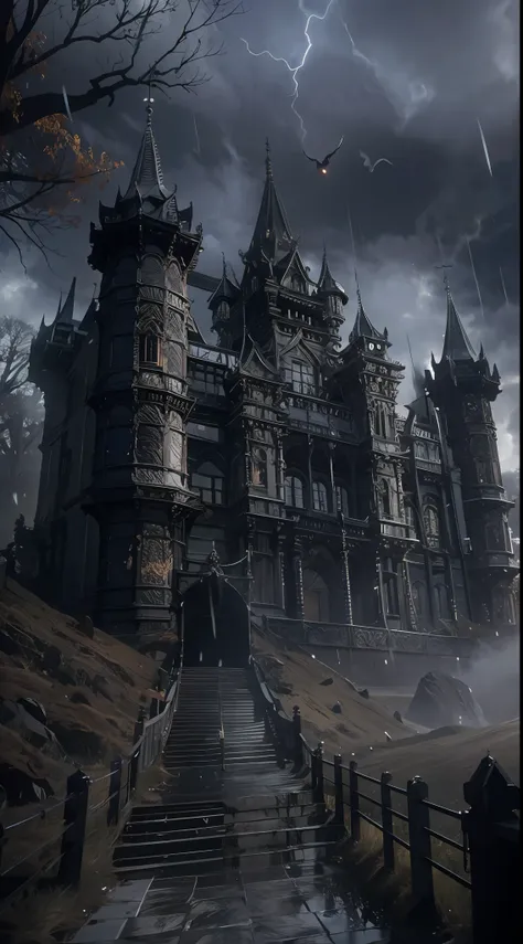 dark, raiden, downpours, dracula's ornate castle,,magnificent epic luxury castle, the ghostly castle wrought iron gates，vampire ...