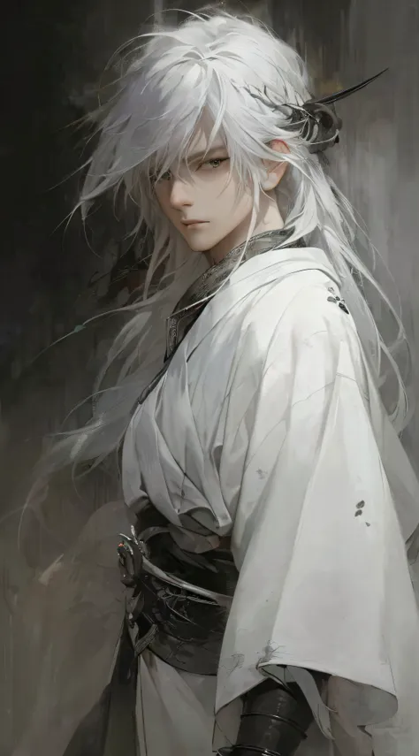 a close up of a person with white hair and a sword, white haired deity, with white long hair, with long white hair, artwork in t...