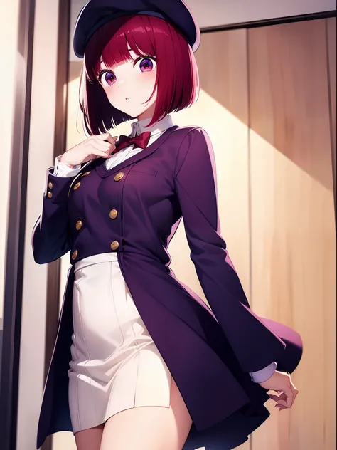 1 girl, graduation bob, straight short hair,  mediumvioletred hair, mediumvioletred eyes, big droopy eyes, small beret, high sch...