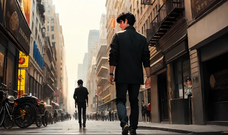 ((obra maestra)),(((La mejor calidad))), (alta calidad, impresionante),(ojos expresivos, Cara perfecta), Sad 15-year-old boy with straight black hair, piel morena sin ropa, Walking lost through the streets of New York looking at someone else walking away