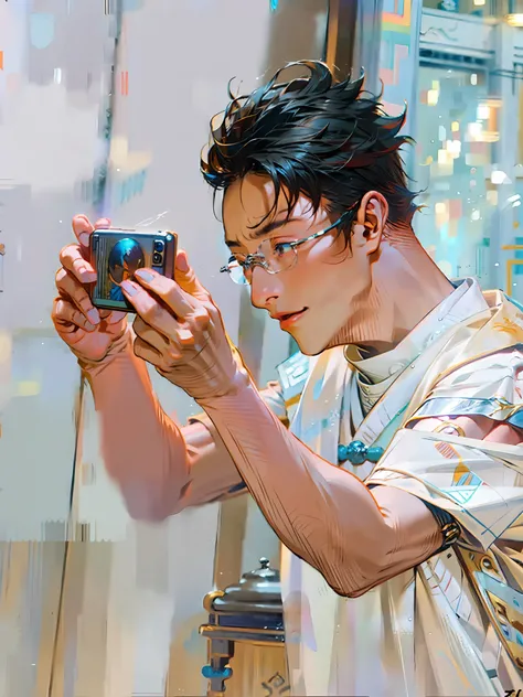 arafed man taking a picture of himself in a mirror, looking at his phone, 8k selfie photograph, xintong chen, inspired by Ding Yunpeng, he is holding a smartphone, Chen Zezhou, xiaofan zhang, Li Zixin, xue han, yihao ren, Inspired by Ding Guanpeng, Wang Qi...