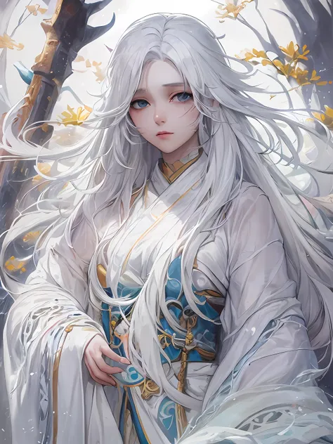 a pixiv competition winner, fantasy art, white-haired god, beautiful character painting, guvez style artwork, dazzling gaze of y...