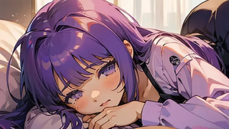 Anime girl lying in bed in purple dress and purple hair, Smooth Anime CG Art, Holo, visual novel cg, Seductive Anime Girl, nightcore, closeup Iwakura Lain, iwakura lain, Anime visuals of cute girls, ; visual novel, sayori, ethereal anime, visual novel, けもの...