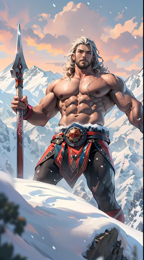 mighty warrior, shirtless upper body, legs exposed from thighs to feet, cascading long curls, detailed muscular physique, lifeli...