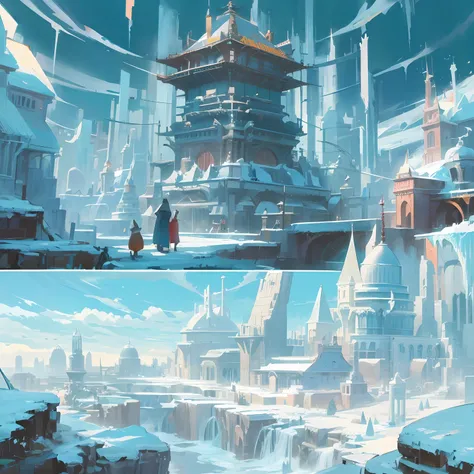 An old arena，The greatest warriors and mages of civilization used to show off their skills in epic battles，Frost-covered stands，Intricate ice formations，Ghibli Mobius style，Ice City before 2080，Möbius aesthetics，Morbius combined with Louise，Len Mack inspir...