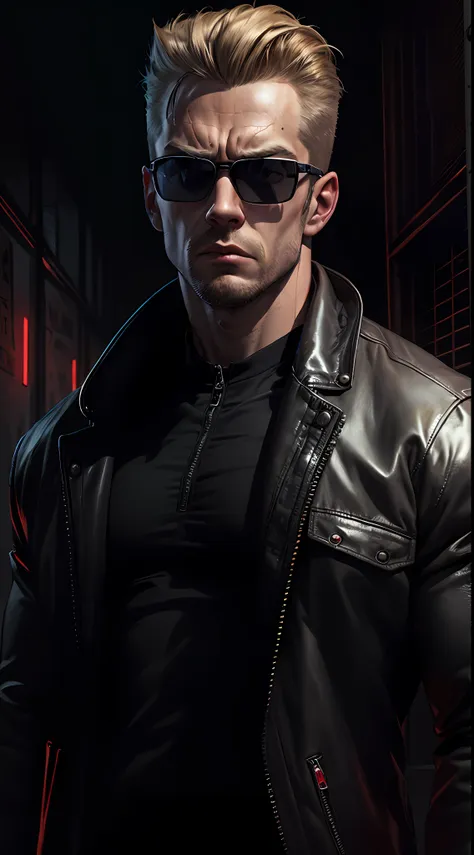 albert weser, lean muscle, square-shaped face, wearing black shades, dirty blond hair, duke nukem hairstyle, cold face expressio...