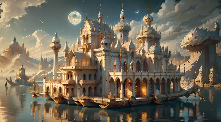 ((((masterpiece)), ivory gold ai city at night, isometric, 3d rendering, very high definition, high detail, there is a big clock...