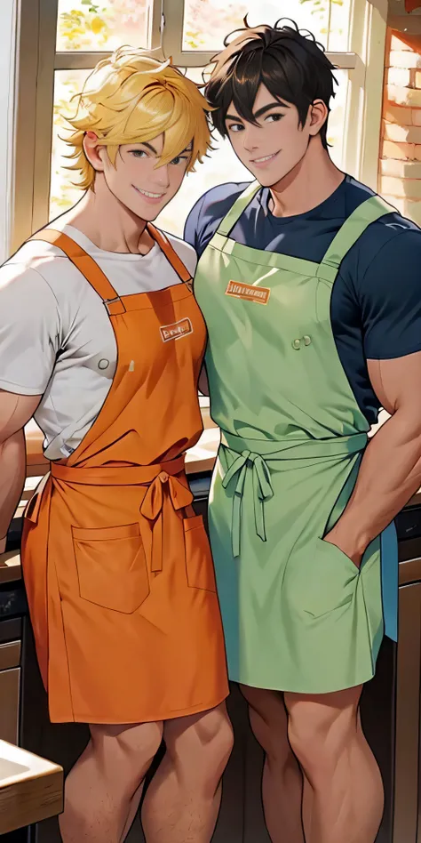 2 muscle man，sit together，looking to the camera，kitchens，rays of sunshine，make cakes together，aprons，