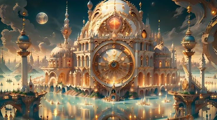 ((((masterpiece)), ivory gold ai city at night, isometric, 3d rendering, very high definition, high detail, there is a big clock...