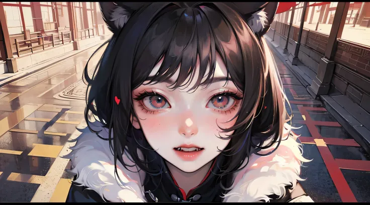 black hair, hair bobbles, wince, longeyelashes, solid circle eyes, fake animal ears, light smile, ear blush, fang, best quali, b...