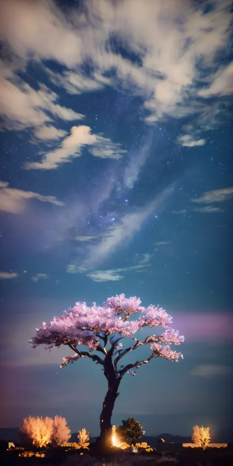 illustration of a hyperrealistic , otherworldly, ultrasky scene featuring a giant crystal tree full body,very detailed and magic...