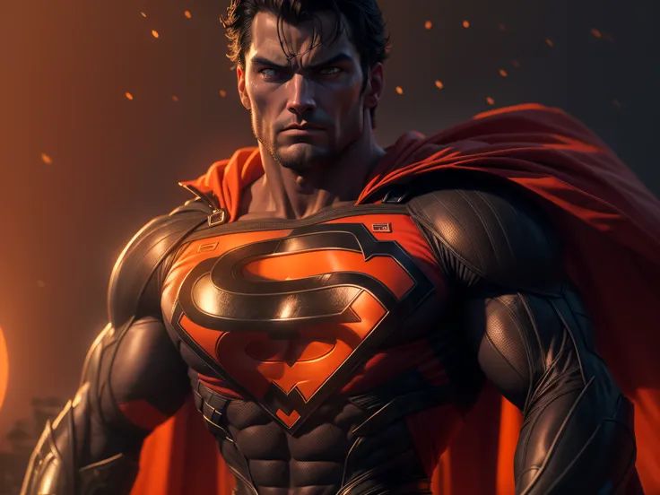 close a powerful threat, the imposing appearance of the mighty superman dressed in orange uniform, menacing stare, ricamente det...