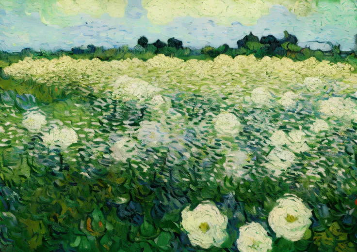 draw white flowers on a green field，a bird flies by, vincent van gogh painting, author：van gogh, author：vincent van gogh, van go...